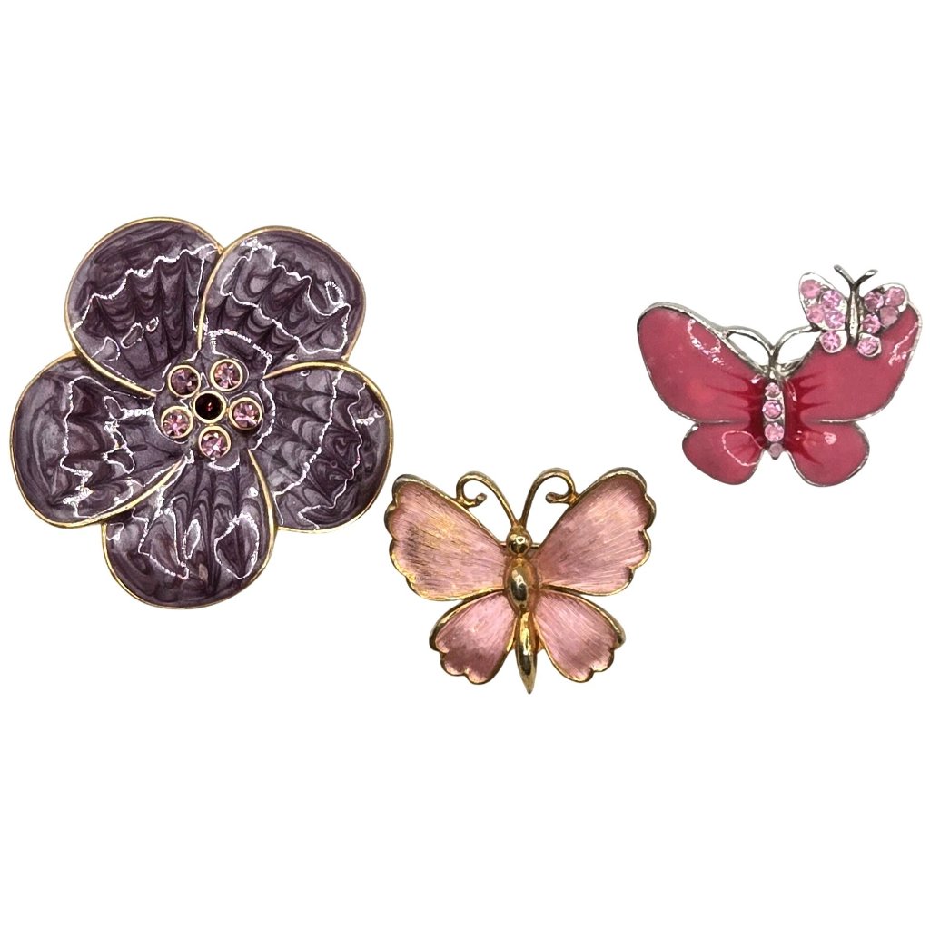 Vtg Rhinestone Enamel Butterfly Flower Brooch Pin Lot 3pc Pink Purple Gold Tone